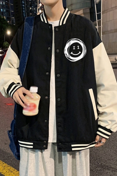 Chic Varsity Jacket Butto down Smile Pattern Color Block Long Sleeves Loose Fit Jacket for Men