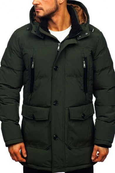 Comfortable Mens Plain Down Coat Zipper Closure Flap Pocket Long Sleeve Slim Fit Hooded Puffer Coat