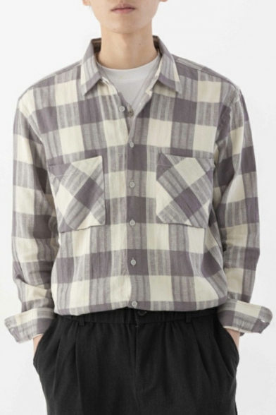 Comfy Shirt Plaid Print Breast Pocket Button Placket Turn Down Collar Fit Long Sleeves Shirt