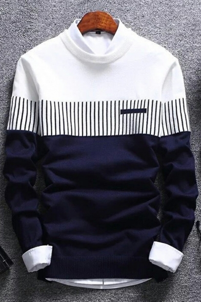 Cool Sweater Striped Pattern Round Neck Rib Cuffs Long Sleeves Slim Sweater for Men