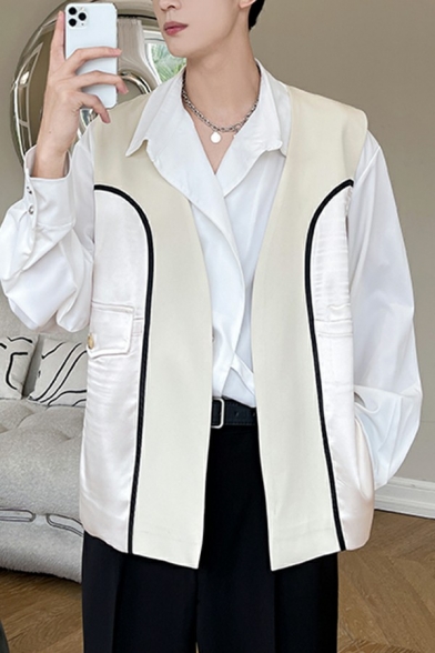 Elegant Guys Suit Vest Contrast Line Printed V-Neck Pocket Detail Relaxed Fit Suit Vest