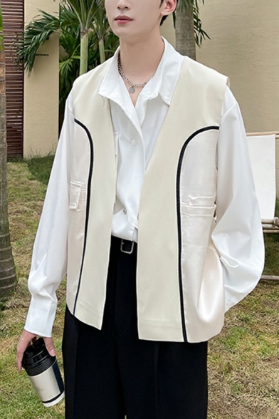 Elegant Guys Suit Vest Contrast Line Printed V-Neck Pocket Detail Relaxed Fit Suit Vest