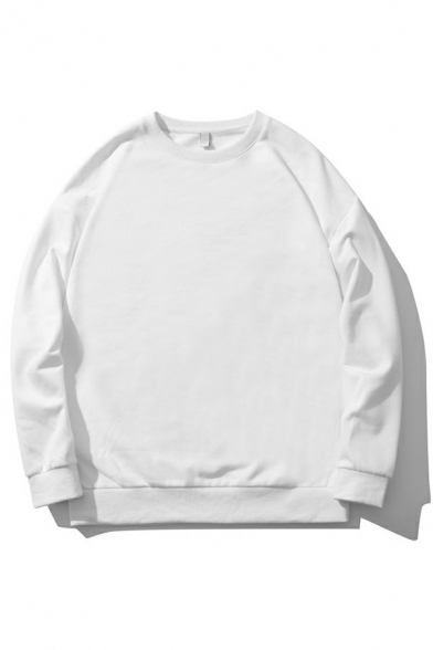 Elegant Men's Sweatshirt Solid Color Long Sleeve Rib Hem Crew Neck Baggy Sweatshirt