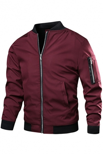Fancy Bomber Jacket Solid Color Stand Collar Full Zipper Long-Sleeved Regular Fit Bomber Jacket for Men