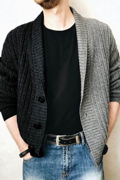 Fancy Mens Knitted Cardigan Color Block Single Breast Long Sleeve Shawl Collar Fitted Cardigan