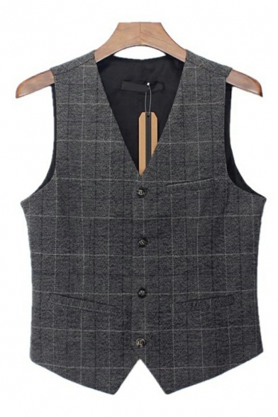 Formal Men's Suit Vest Plaid Pattern Button Fly V-Neck Regular Fit Suit Vest