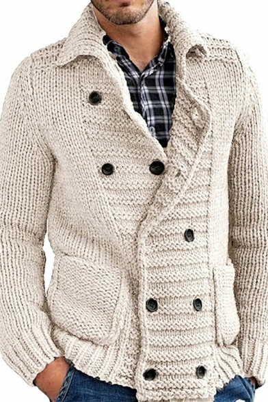 Guys Creative Cardigan Plain Pocket Lapel Collar Relaxed Fit Long Sleeves Double Breasted Cardigan
