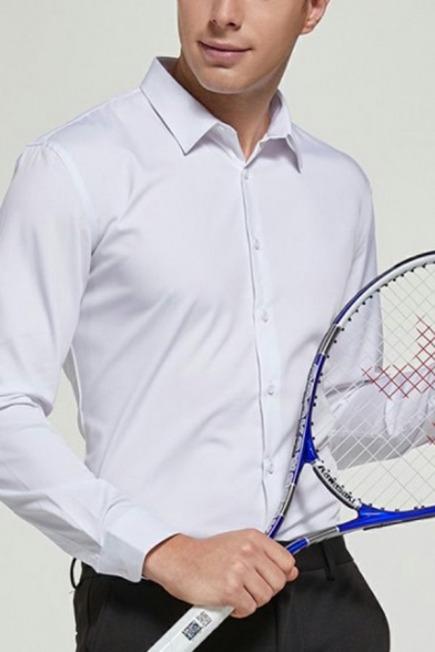Guys Decent Shirt Whole Colored Button Placket Turn-Down Collar Regular Fit Long Sleeve Shirt