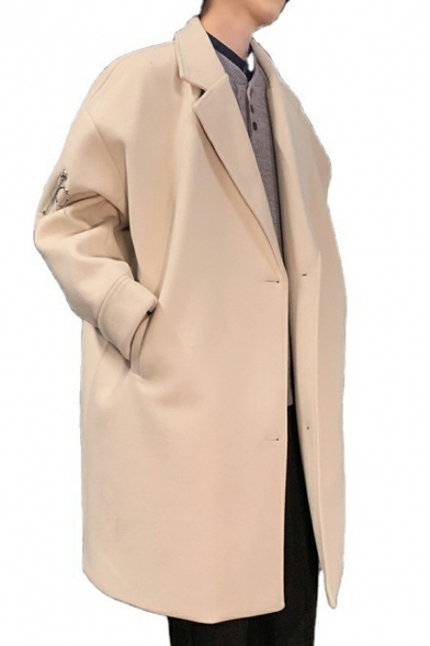 Guys Fancy Coat Solid Button Fly Lapel Collar Knee Length Long-sleeved Coat
