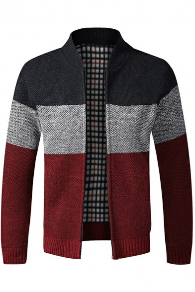 Guys Unique Cardigan Contrast Color Long Sleeves Relaxed Fitted Stand Neck Zip Placket Cardiga