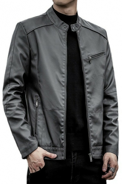 Hot Jacket Pure Color Long Sleeves Stand Collar Regular Fit Zipper Leather Jacket for Guys