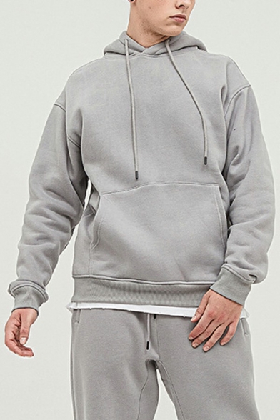 Leisure Plain Men's Hoodie Front Pocket Long-Sleeved Relaxed Fit Drawstring Hooded Sweatshirt