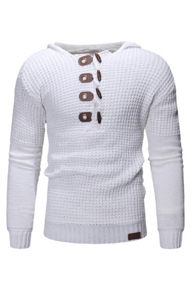 Men's Basic Designed Sweater Pure Color Hooded Button Decorated Long Sleeves Slimming Sweater