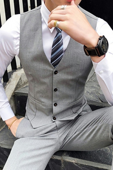 Men's Popular Suit Vest Whole Colored V-Neck Button Fly Pocket Detail Fitted Suit Vest