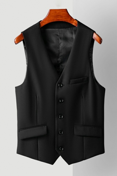 Men's Smart Suit Vest Solid Button Closure Pocket Detailed V-Neck Suit Vest
