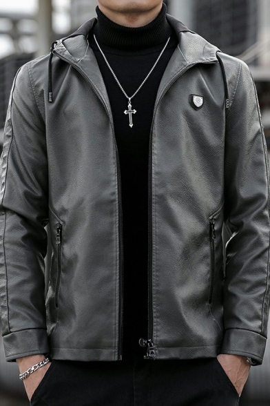 Men Simple Leather Jacket Plain Hooded Full Zipper Long Sleeve Regular Fit Leather Jacket
