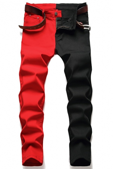 Men Sporty Denim Pants Color Block Zip Closure Pocket Detail Slim Fit Long Denim Pants