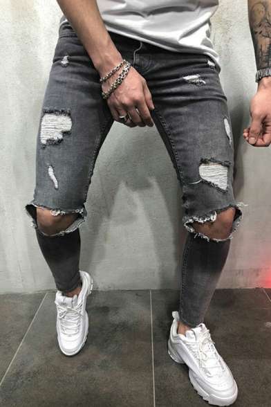 Men Urban Denim Pants Plain Zip-Fly Shredded Front Pocket Slim Fitted Denim Pants