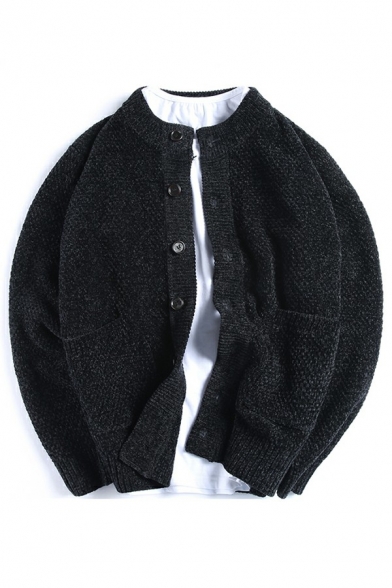 Mens Daily Cardigan Sweater Solid Color Long-Sleeved Crew Neck Button Closure Loose Fitted Cardigan Sweater