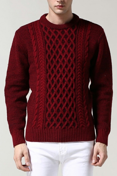 Mens Retro Knitwear Plain Cable Knit Detailed Long Sleeve Crew Collar Regular Pullover Sweater