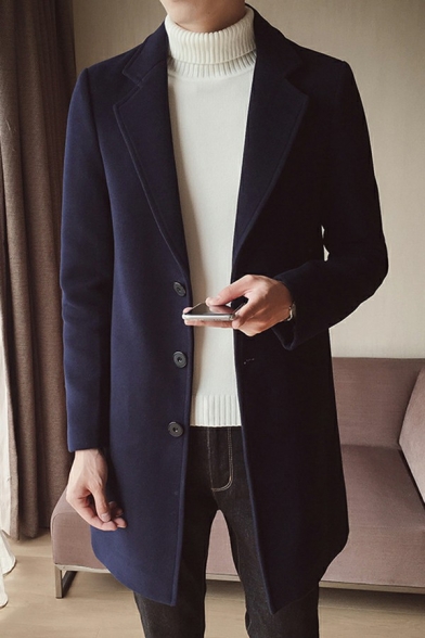 Popular Guys Coat Plain Lapel Collar Long Sleeves Button Placket Regular Coat