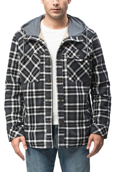 Retro Plaid Printed Mens Jacket Button Fly Elbow Patch Long Sleeve Relaxed Hooded Casual Jacket