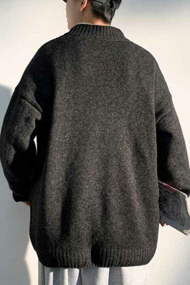 Simple Men's Sweater Plain Mock Neck Long-Sleeved Loose Fit Pullover Sweater