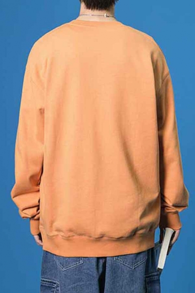 Simple Mens Sweatshirt Rib Bottom Long-Sleeved Crew Neck Relaxed Fit Pullover Sweatshirt