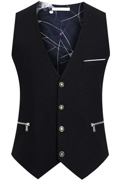 Simple Suit Vest V-Neck Zip Up Sleeveless Slim Fitted Suit Vest for Men