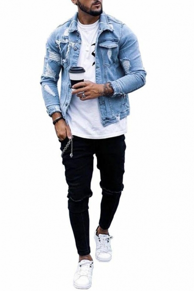 Street Look Mens Jacket Pure Color Distressed Effect Long-Sleeved Lapel Collar Button Closure Denim Jacket with Pockets