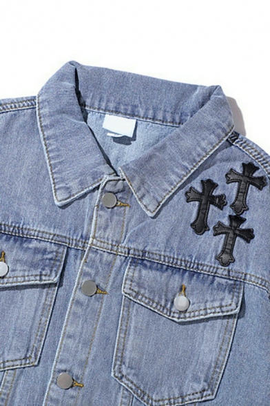 Stylish Jeans Jacket Button Down Chest Pocket Long Sleeve Loose Fit Denim Jacket for Men