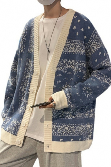 Stylish Men's Cardigan V-Neck Contrast Color Long-Sleeved Regular Fit Cardigan