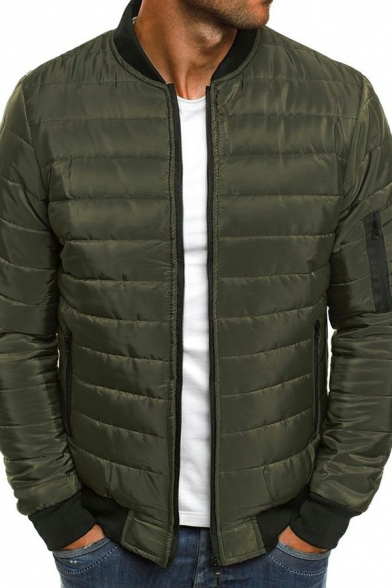 Stylish Mens Down Coat Plain Zipper Placket Long Sleeve Zipper Detail Slim Fit Puffer Coat