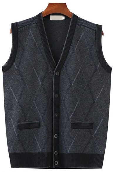 Trendy Men's Vest Checked Pattern V-Neck Sleeveless Slim Fitted Knit Vest