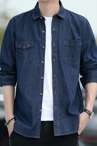 Trendy Mens Denim Shirt Button down Pure Color Long Sleeve Turn down Collar Fitted Shirt