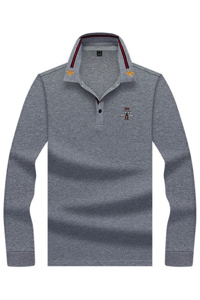 Trendy Mens Polo Shirt Bee Pattern Embroidery Detail Short Sleeve Turn down Collar Slim Polo Shirt