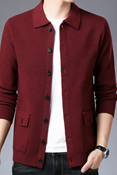 Basic Guys Plain Cardigan Spread Collar Button Up Ribbed Trim Long-Sleeved Slim Fit Cardigan