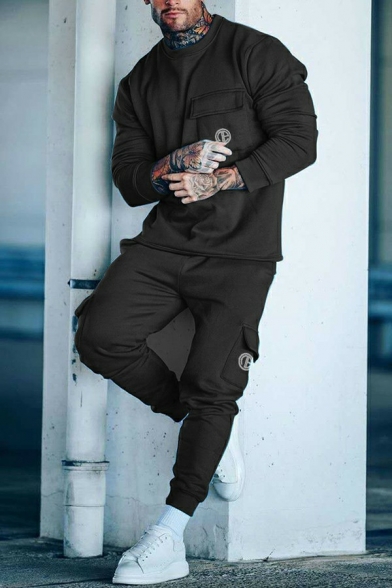 Casual Guys Co-ords Pure Color Round Collar Relaxed Long Sleeve Hoodie with Pants Fit Two Piece Set