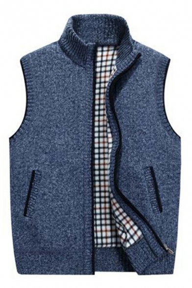 Classic Guys Knit Vest Solid Color Zipper Down Stand Collar Sleeveless Regular Fit Vest