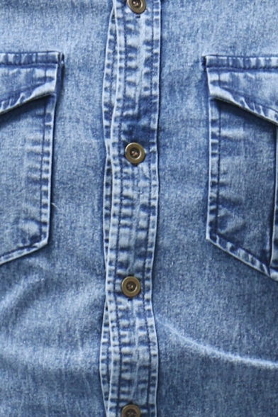 Cool Shirt Button Closure Turn-Down Collar Chest Pocket Long Sleeve Slim Fit Denim Shirt for Men