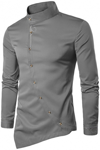 Creative Men's Shirt Button Up Embroidery Irregular Hem Long Sleeve Fit Shirt