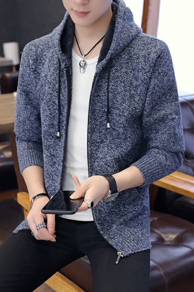 Dashing Cardigan Pure Color Long Sleeves Regular Fit Hooded Zip Placket Cardigan for Guys
