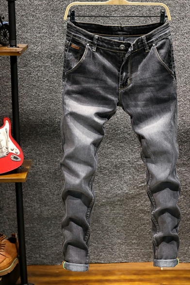 Dashing Men Jeans Pure Color Dark Wash Pocket Detail Zipper Placket Mid Rise Long Length Slim Fit Jeans