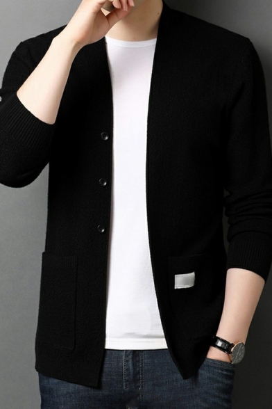 Edgy Cardigan Solid Color Label Designed Collarless Relaxed Long Sleeves Open Front Cardigan for Men