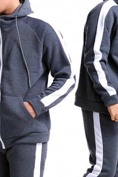 Edgy Co-ords Contrast Stripe Long Sleeve Hooded Zip Placket Hoodie & Pants Two Piece Set for Men