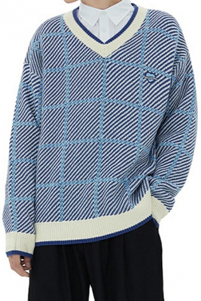 Elegant Sweater Square Pattern V-Neck Rib Cuffs Long Sleeve Relaxed Fit Sweater for Men