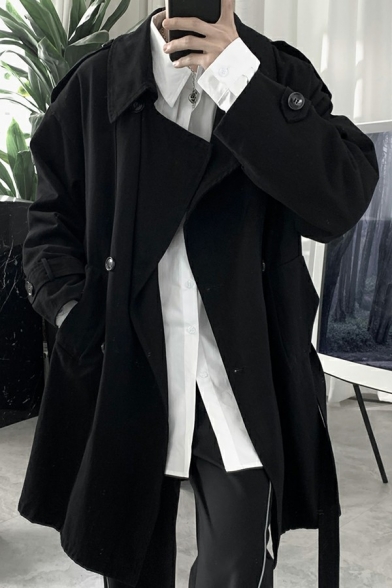 Fashion Coat Plain Spread Collar Long Sleeve Loose Knee Length Double Breasted Trench Coat for Guys