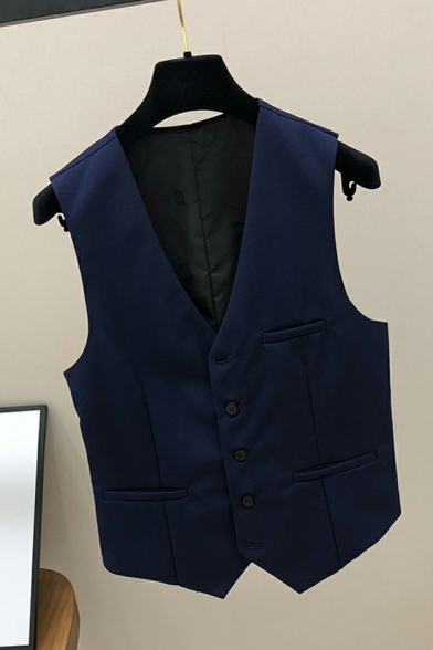 Fashion Mens Suit Vest Pure Color Button-up V-Neck Pocket Detailed Suit Vest