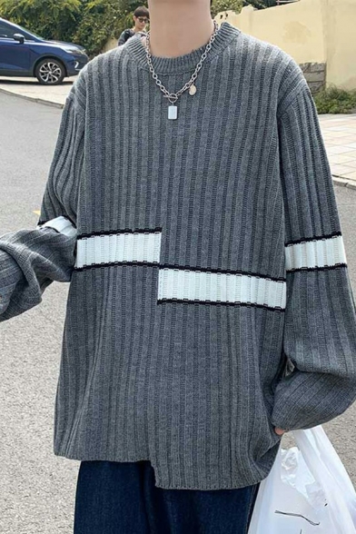 Guys Basic Knitwear Striped Print Irregular Hem Long-sleeved Crew Collar Baggy Pullover Sweater
