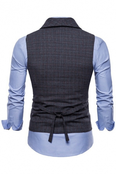 Guys Vintage Tartan Plaid Pattern Vest Double-Breasted Notch Collar Belt Back Fitted Suit Vest